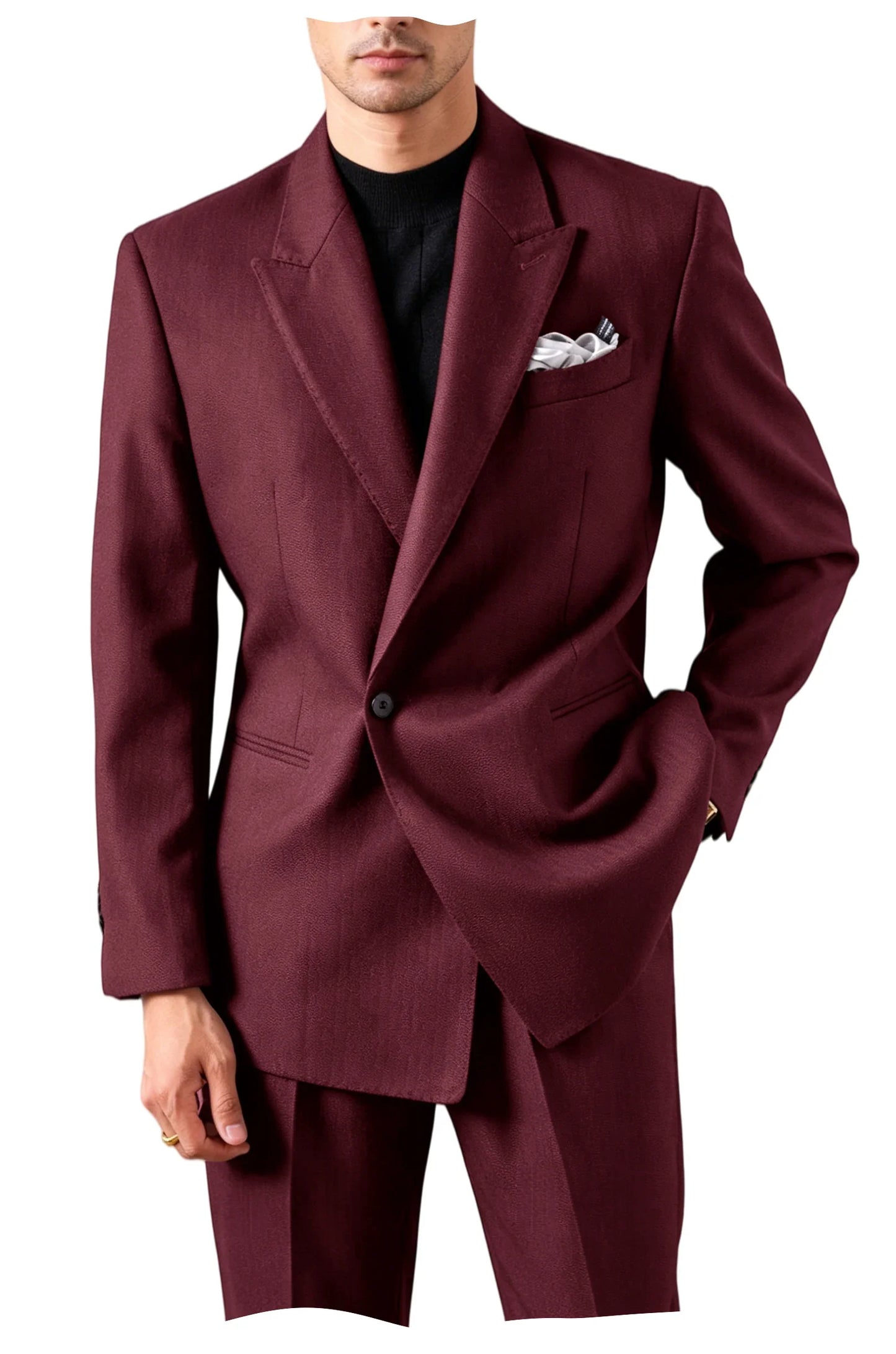 Men's Serge Tuxedo Suit Set One Button Peak Lapel Slim Fit 2 Piece Blazer Pants Casual Business Wedding Formal Outfit