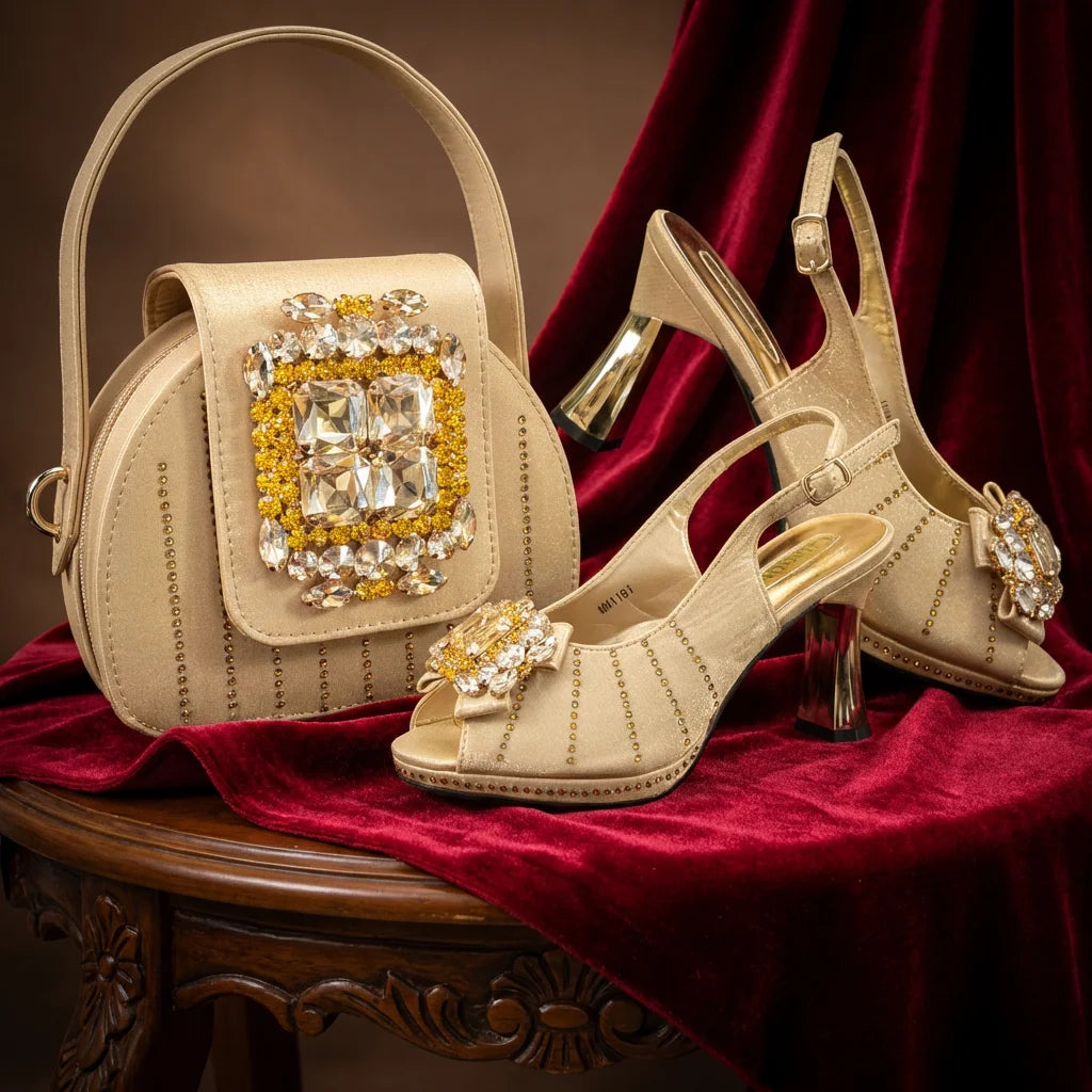 2026 New Brown Rhinestone Peep-Toe High Heel Sandals and Bag Set for Women –Elegant Italian Party Shoes Perfect for Wedding