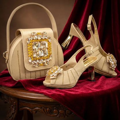 2026 New Brown Rhinestone Peep-Toe High Heel Sandals and Bag Set for Women –Elegant Italian Party Shoes Perfect for Wedding