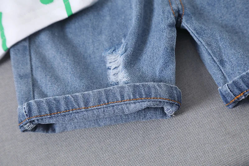 Boys Clothes Summer Fashion Crew Neck Children Tracksuit Dinosaur T-shirt Denim Shorts Suit Kids Outfit Baby Boys Set 1-5 Years