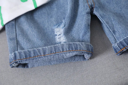 Boys Clothes Summer Fashion Crew Neck Children Tracksuit Dinosaur T-shirt Denim Shorts Suit Kids Outfit Baby Boys Set 1-5 Years