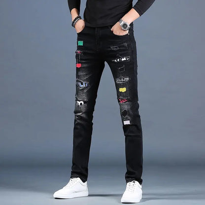 Harajuku Fashion Men's High-end Embroidered Jeans Korean Style Prints Patches Slim Fit Casual Spring Autumn Cowboy Trousers