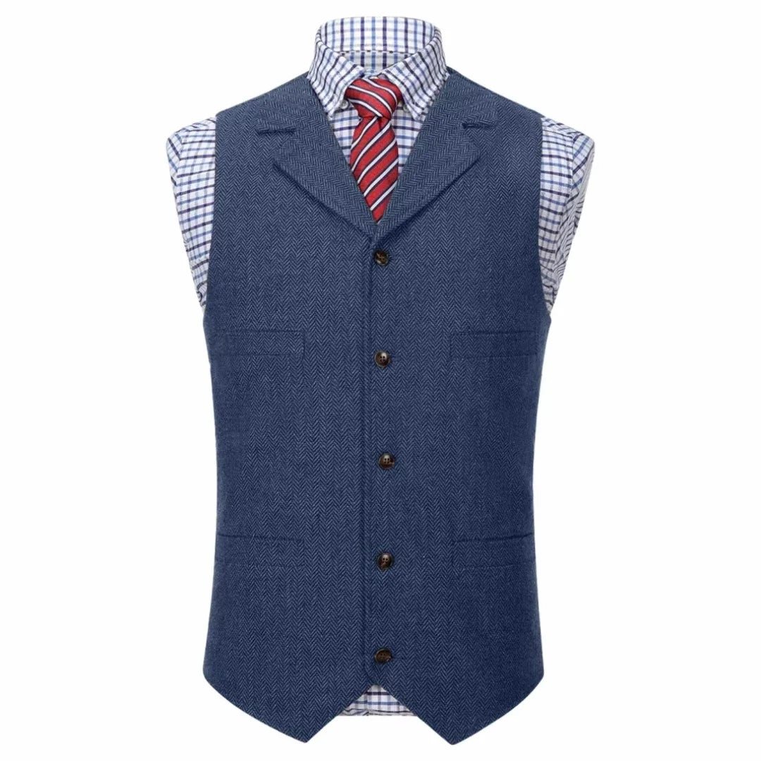 Men Vest Blue Herringbone With Lapel Single Button Waistcoat For Wedding Commute Business Office Work Daily Casual Men Suit Vest