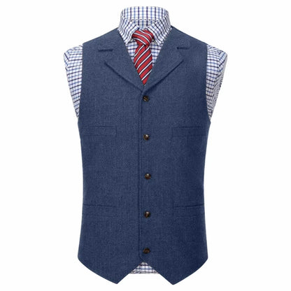 Men Vest Blue Herringbone With Lapel Single Button Waistcoat For Wedding Commute Business Office Work Daily Casual Men Suit Vest