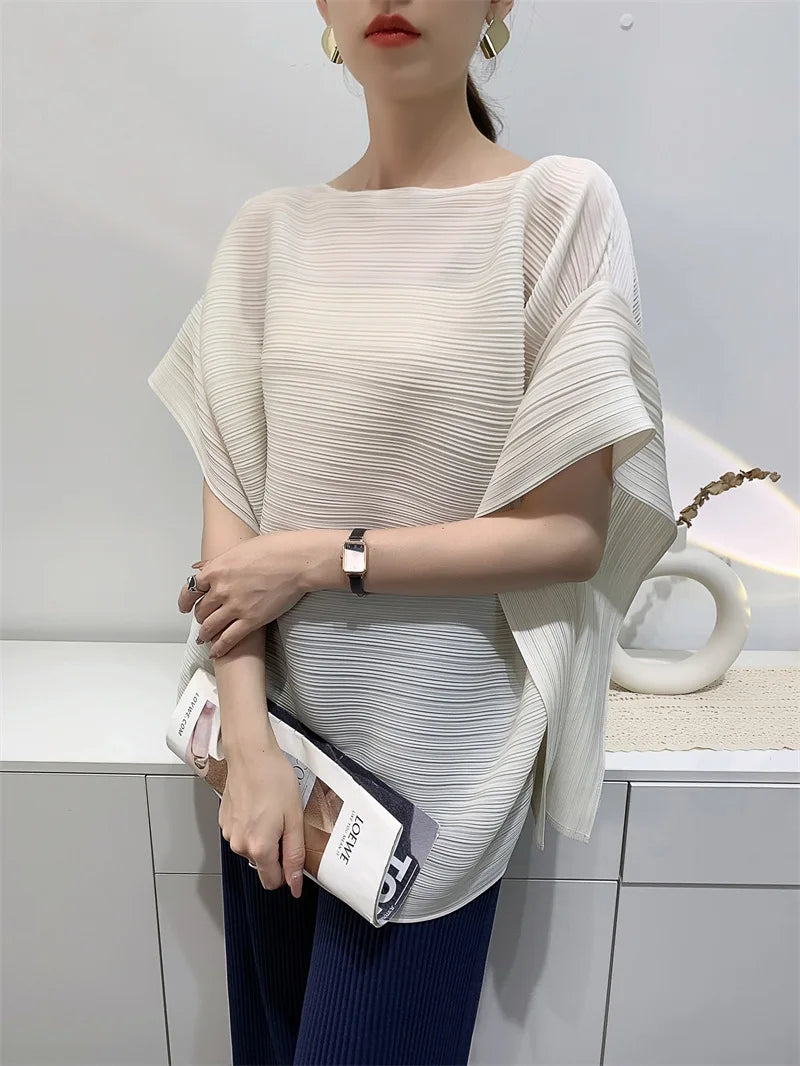 2025 Summer T-shirt Miyake Comfortable Casual Loose Pleated Top Women Short Sleeve Slim Commuter Office Clothes Wrinkle-Free