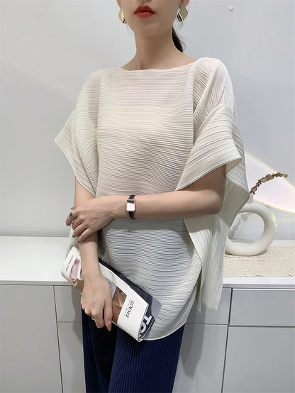 2025 Summer T-shirt Miyake Comfortable Casual Loose Pleated Top Women Short Sleeve Slim Commuter Office Clothes Wrinkle-Free