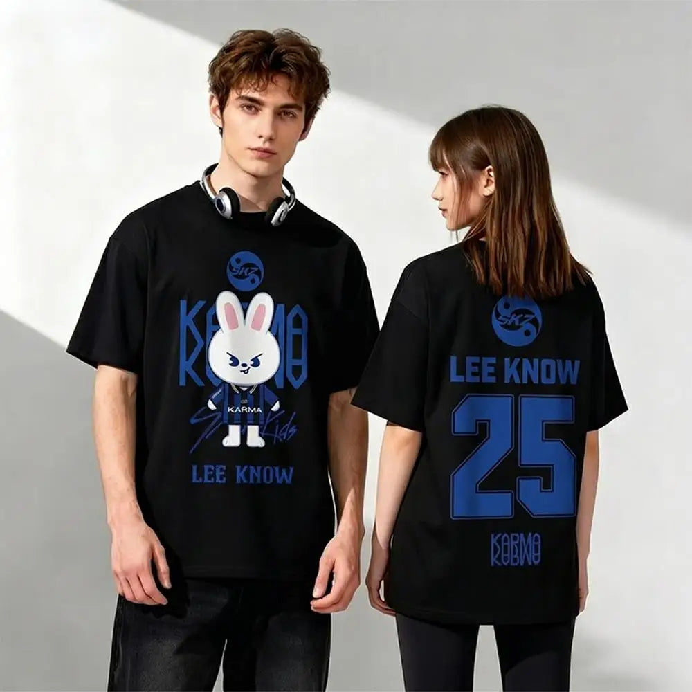2026 New KPOP KARMA Fan Support T-Shirt Korean Fashion HYUNJIN Cartoon Print Tee Men's Women's Y2K Harajuku Style Round Neck Top