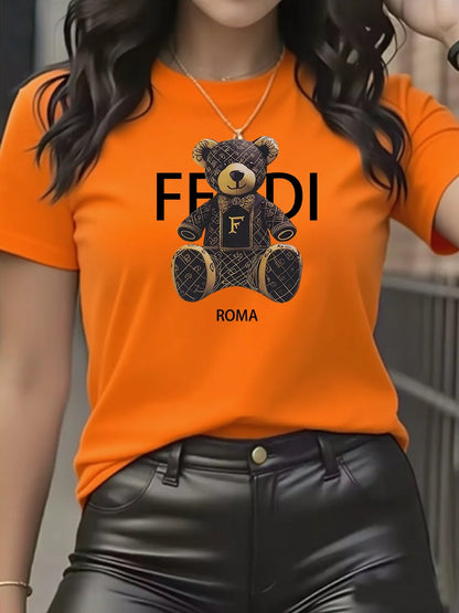 summer Graphic T-Shirt Short Sleeve Crew Neck with Soft Comfortable Spring Women's Light Blue Casual Teddy Bear