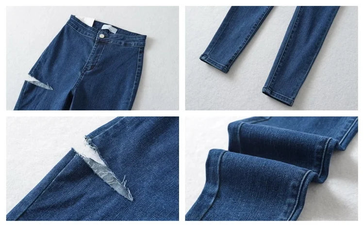American Spicy Girls Sexy Hole Jeans Slim High Waist Elastic Feet Pencil Pants Trousers Fashion Women BOF8
