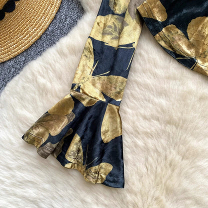 Fashion Butterfly Print Velvet Tops V Neck Flared Sleeve Short Sexy T-Shirt Autumn Senior Elegant Evening Women Blouse