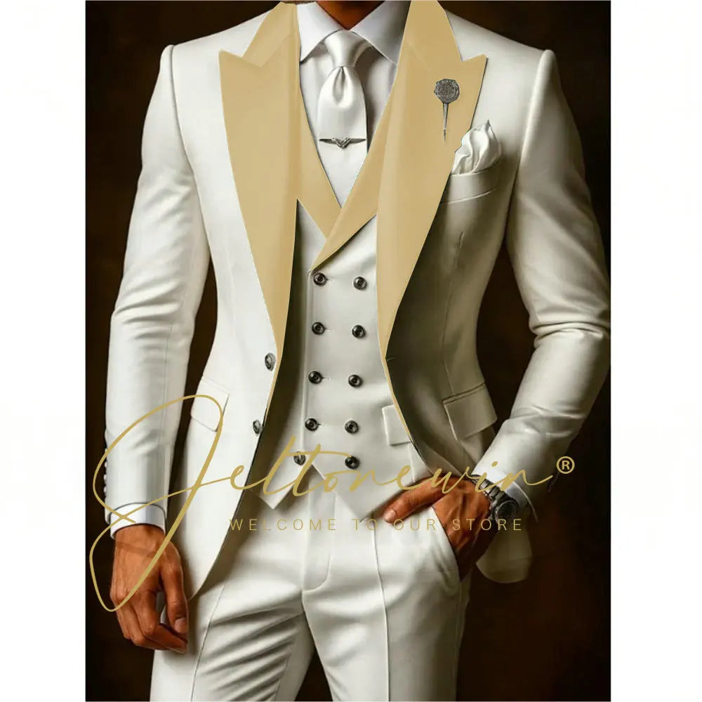 White Suits Set For Men Wedding Party Fashion Blazer Vest Pants Formal Groomsmen Tailor-made Male High Quality Groom Tuxedos