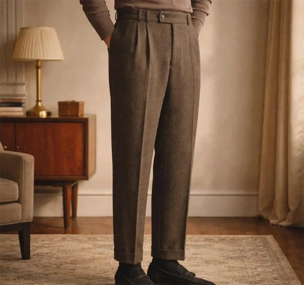 Elegant Men’s Herringbone Suit Pants Vintage British Style Casual  Trousers Tailored Formal Pants