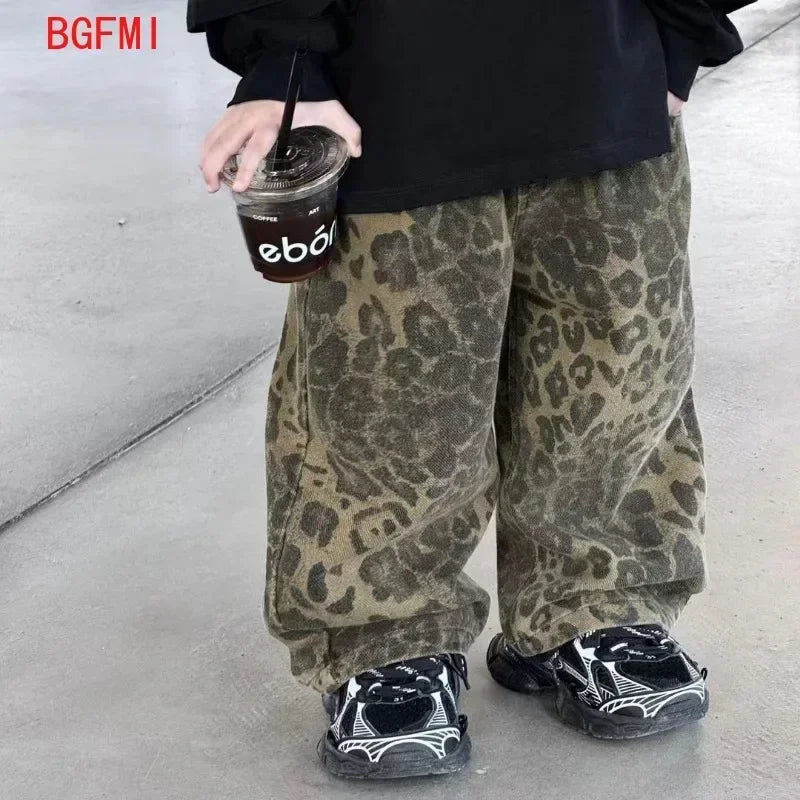Boys Spring Autumn New Korean Children's Black Letter Sweatshirt + Leopard Vintage Denim Loose Pants Girl Kid Fashion 2pcs Set