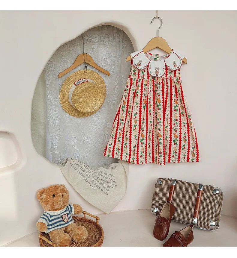 Flower Collar Rabbit Embroidered Girls' Dress 2025 Summer Style Cartoon Print Sweet and Cute Baby Sleeveless Dress
