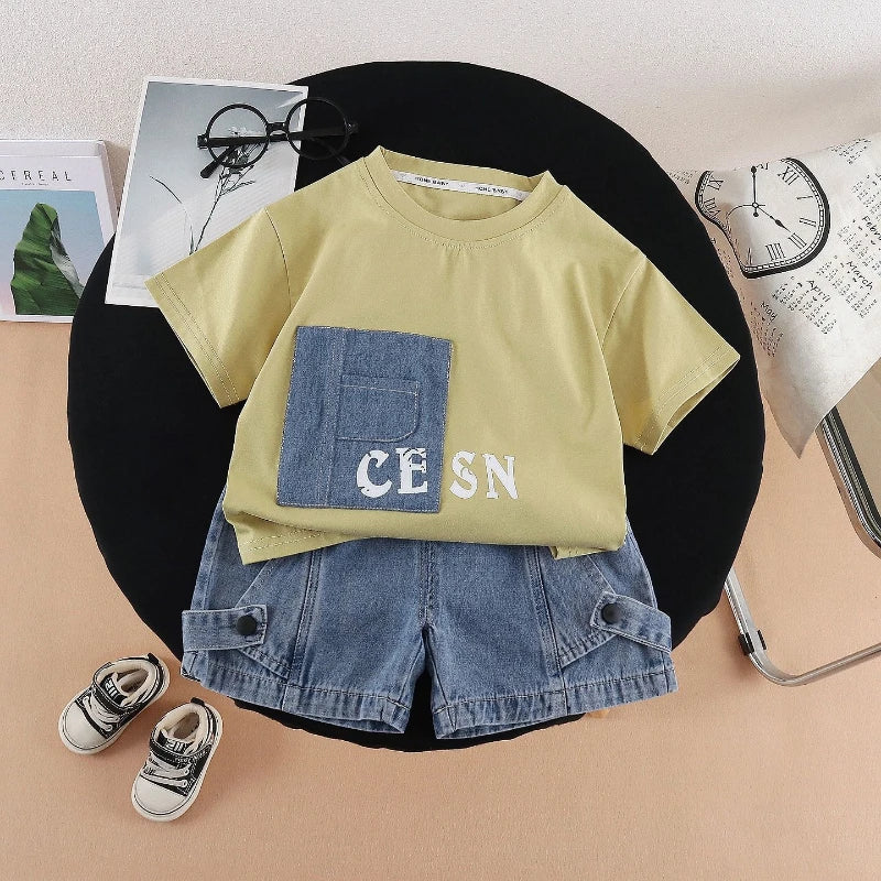New Summer Fashion Baby Boys Clothes Suit ChildrenPocket Patch T-shirt+ Denim Shorts 2Pcs/Set Toddler Clothing Kids Tracksuits