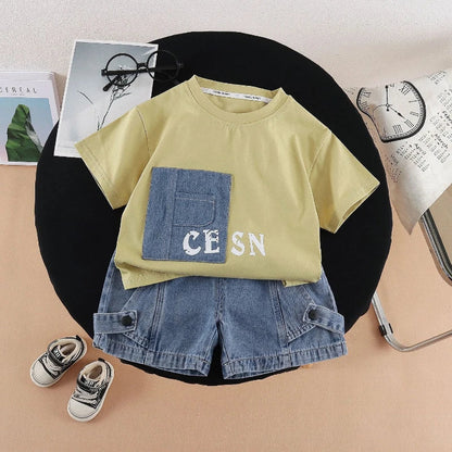 New Summer Fashion Baby Boys Clothes Suit ChildrenPocket Patch T-shirt+ Denim Shorts 2Pcs/Set Toddler Clothing Kids Tracksuits