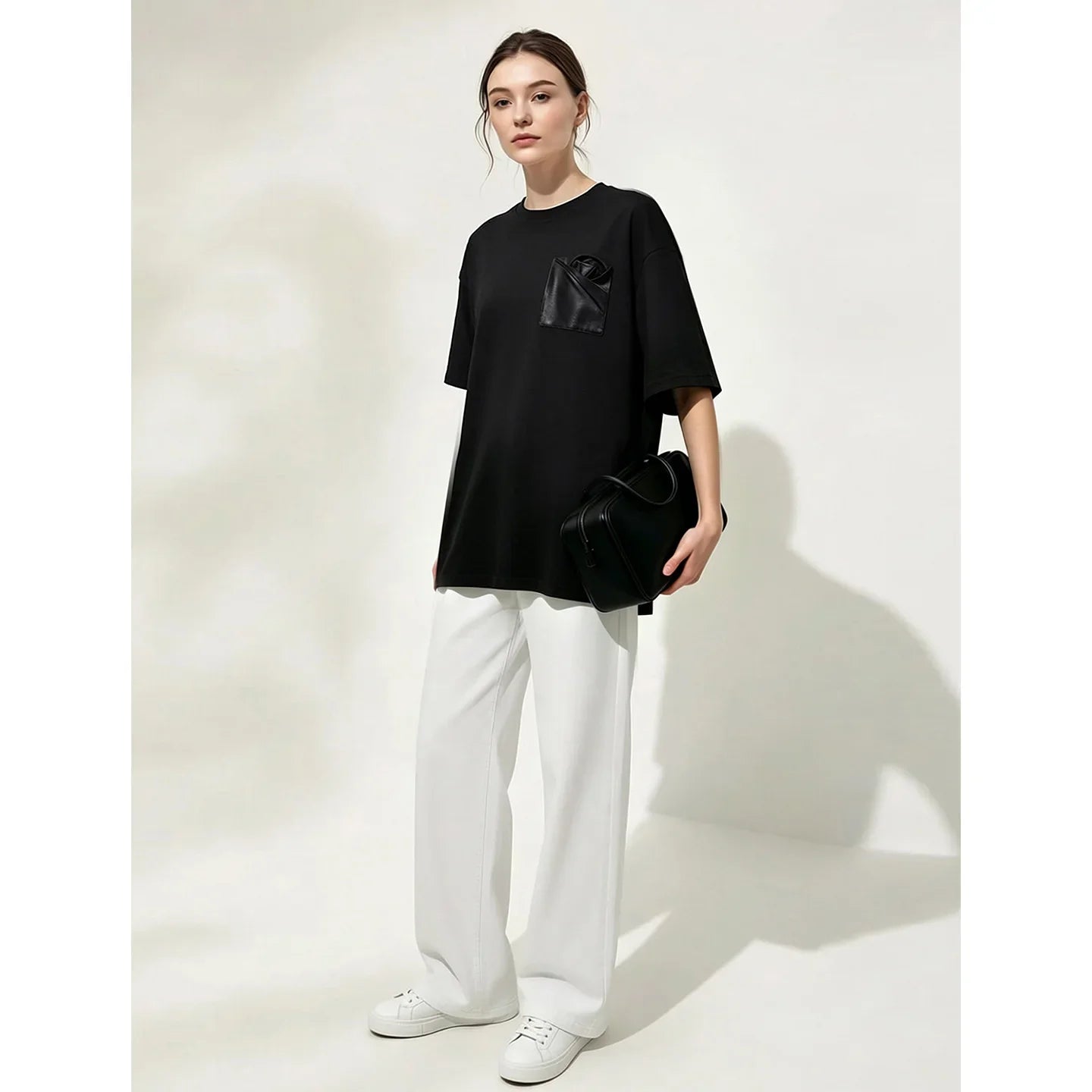 Women's T-Shirt 2026 Summer New Oversized Cotton Short Sleeve Tops Side Slit Mid Length Patch Pocket Tee Shirt 12642037