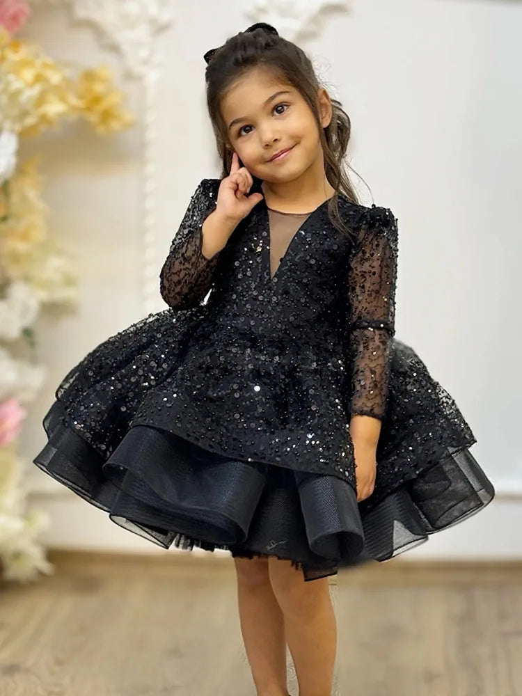 Customized Flower Girl Dresses White Tulle Puffy Tiered Sequin Long Sleeve For Wedding Birthday Party Banquet Princess Gowns