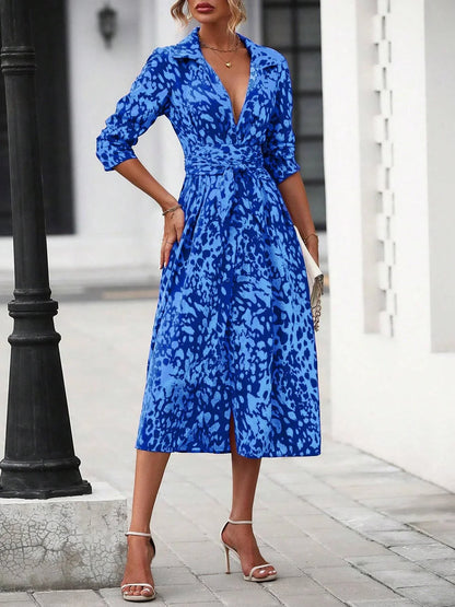 Elegant Random Print Button Down Shirt Dress Women's Long Sleeve Belted Waist Midi Dress Spring Fall Office Casual Dress