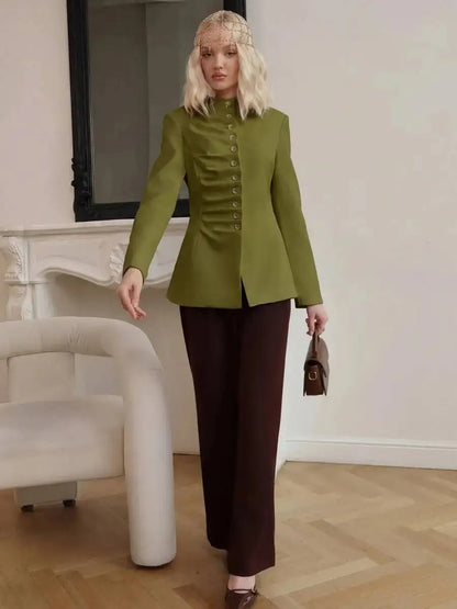 Women 2026 Spring Autumn Mandarin Collar Blazer Ruched Front Multi Row Buttons Long Sleeve Fit Formal Office Outerwear Coat