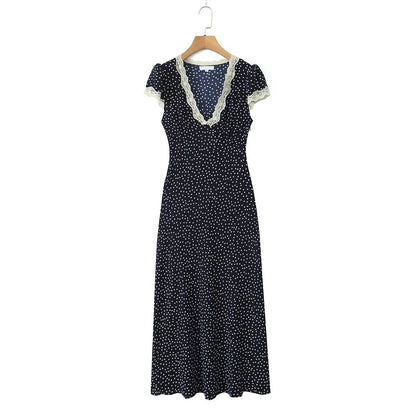 2025 Women Navy Blue Polka Dot Long Dress Lace Trim V Neck Short Sleeve A-line Elegant Holiday Dresses Summe Maxi Robe