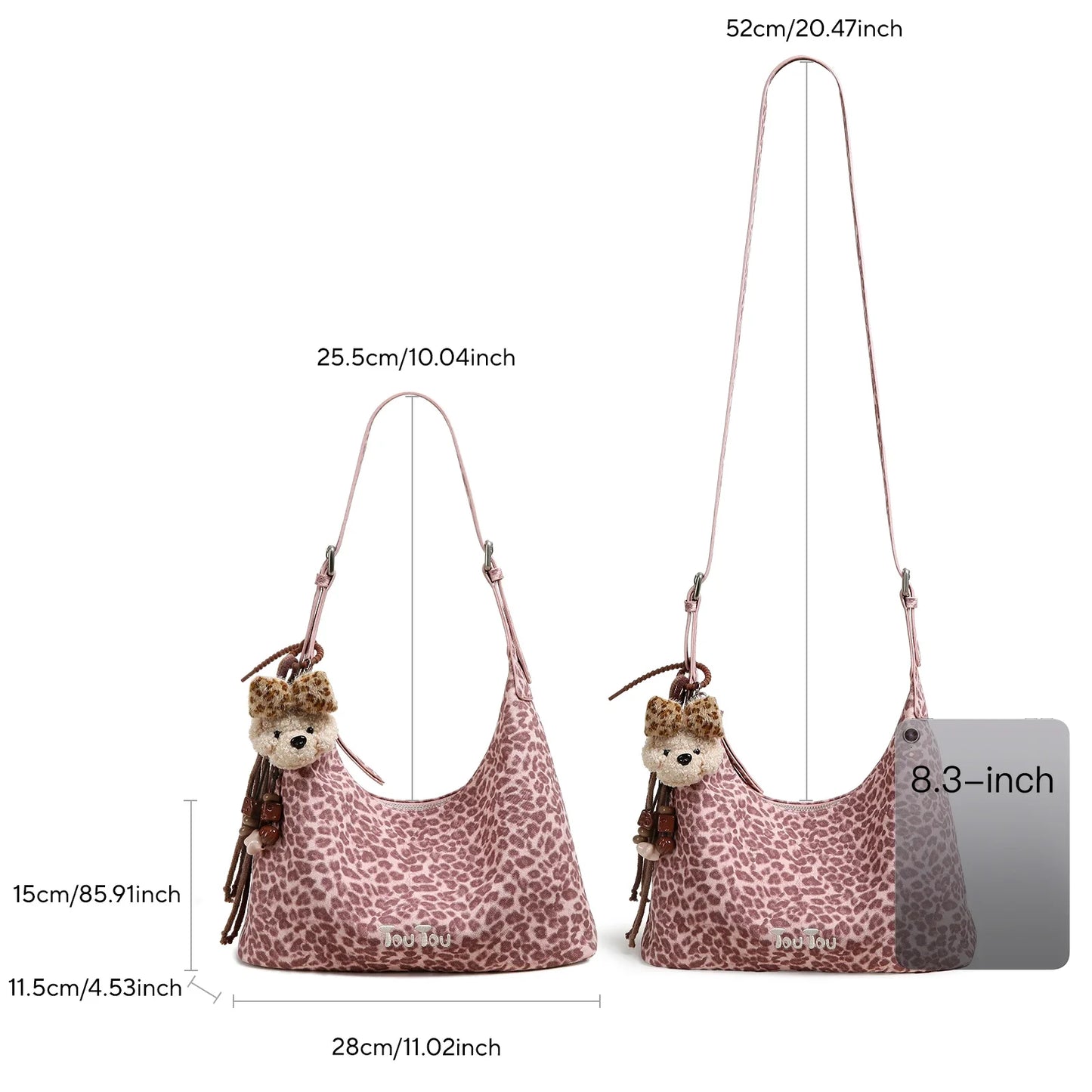 y2k leopard Print Shoulder Bag, Cute Puppy Pendant, Large Capacity Hobo Bag for Women's Casual Commute 3-Way Carry
