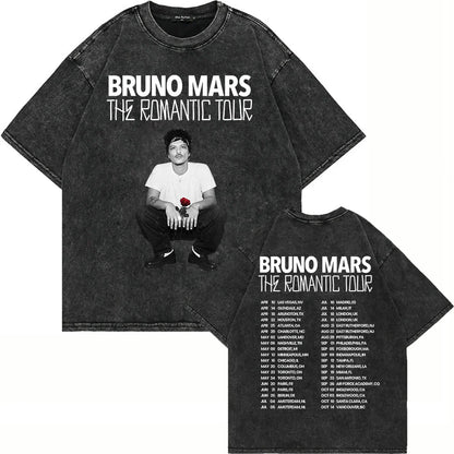 100% Cotton Vintage Washed Bruno Mars The Romantic Tour 2026 T Shirt Fashion Men/Women Retro Oversized Loose Acid Wash Tee Shirt