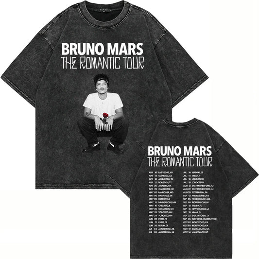 100% Cotton Vintage Washed Bruno Mars The Romantic Tour 2026 T Shirt Fashion Men/Women Retro Oversized Loose Acid Wash Tee Shirt
