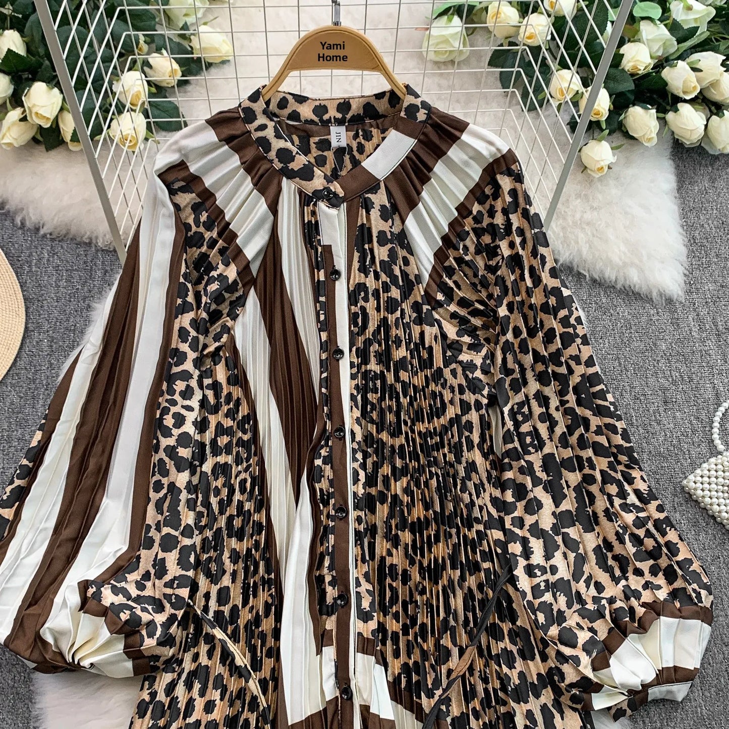 Ele Printed round Ne Lantern Sve Dr Women's Single Button Waist Cinch Maxi Skirt Long Dr Commute Sle Autumn