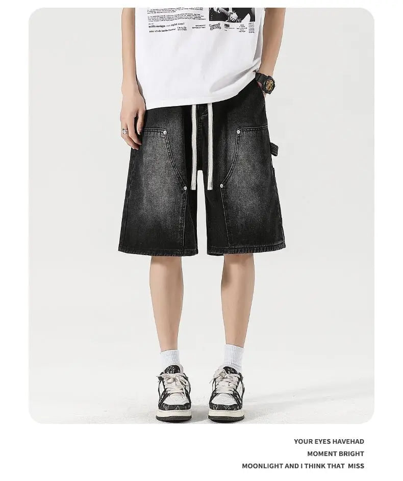 Men's Baggy Cargo Shorts Summer New Fashion Drawstring Straight Casual Jeans Streetwear Pocket Splicing Male Short Pants