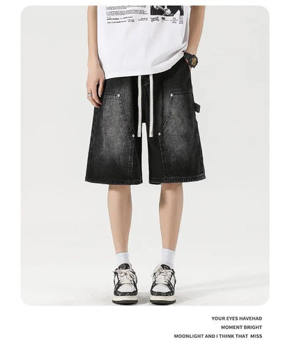 Men's Baggy Cargo Shorts Summer New Fashion Drawstring Straight Casual Jeans Streetwear Pocket Splicing Male Short Pants
