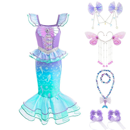 Halloween Costume Mermaid Dress Girl Ruffles Shell Fishtail Frocks Ariel Fantasy Luxury Princess Gown Children Fancy Fairy Dress