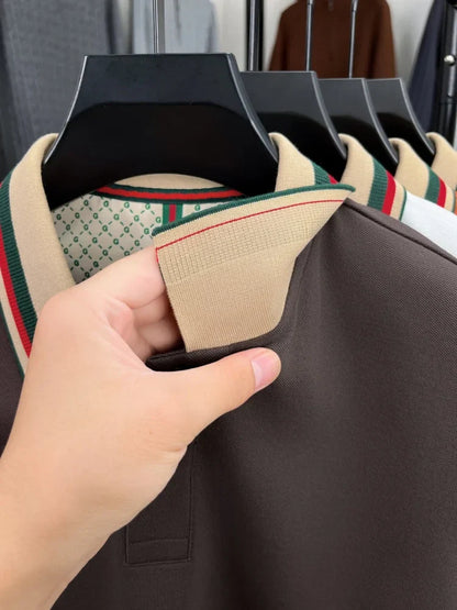 Luxury advanced  brand men long sleeve polo shirt unique stripe color blocked lapel fashion letter embroidery casual new T-shirt