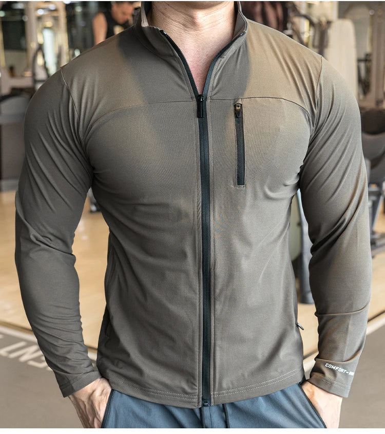 Quick Drying Clothes Men Autumn Sports T-shirt Stand Neck Loose Long Sleeved Outdoor Running Tracksuit Breathable Half Zip Top