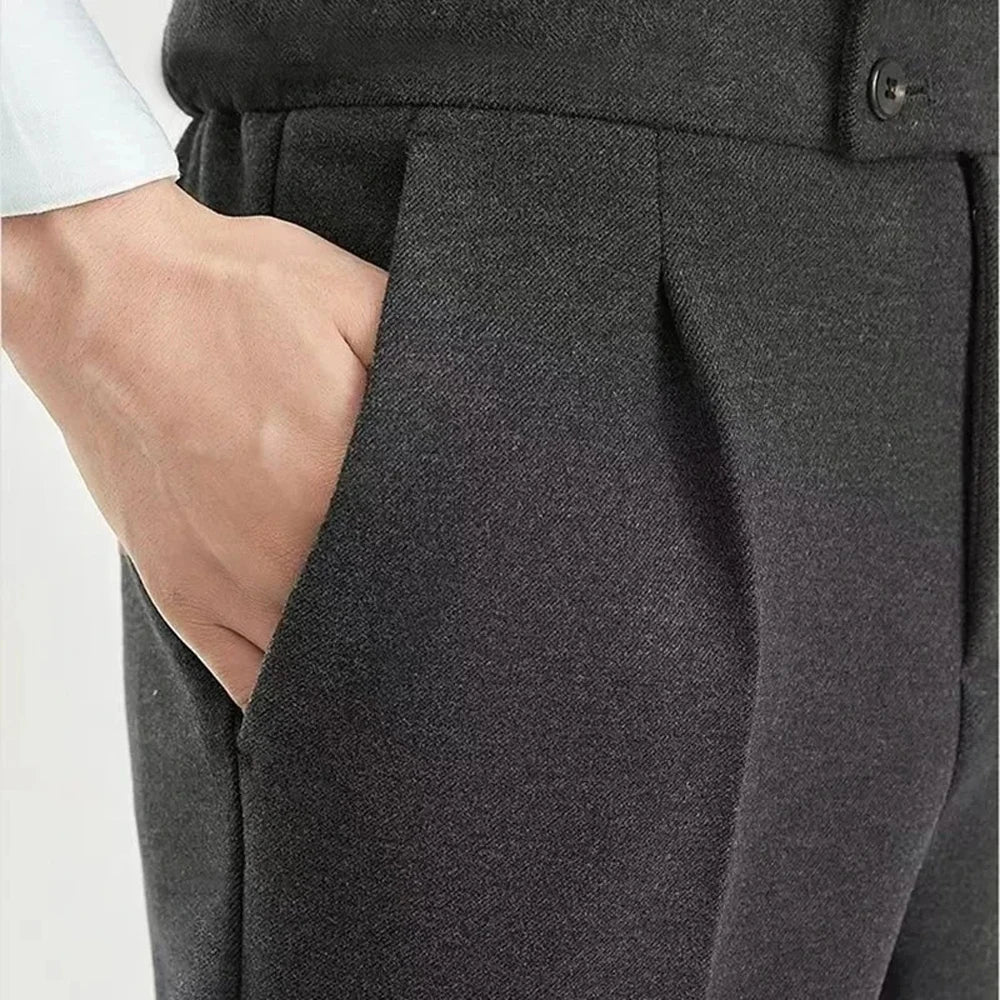 Italian Vintage Suit Pant For Men Autumn Winter Wool Herringbone Pattern Straight Trousers British Style Business Casual Pants