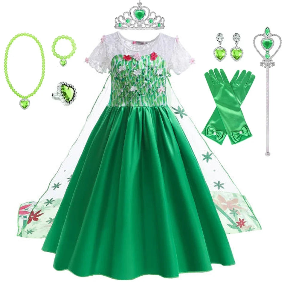 Elsa Green Dress for Kids Girl Princess  Costume Dresses  Children Long Cloak Floral Lace Ball Gown Summer