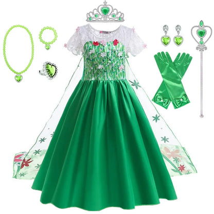 Elsa Green Dress for Kids Girl Princess  Costume Dresses  Children Long Cloak Floral Lace Ball Gown Summer