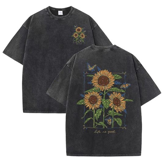 Lift Is Good Beautiful Sunflower Print Washed T Shirts Women Soft Cotton T-Shirt Street Creative Short Sleeve Summer Casual Tops
