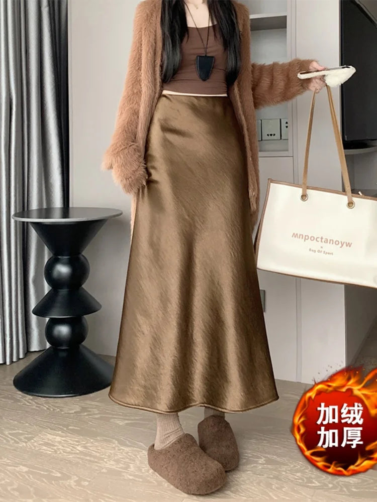 New Autumn Winter Solid Satin Silk Mermaid Skirt Women Fashion High Waist Office Ladies Work Warmth Party Long Maxi Skirt