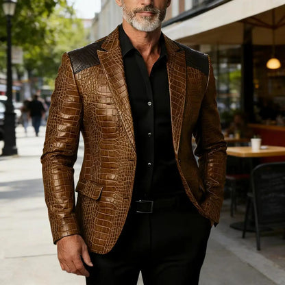 Men's Crocodile Pattern Leather Blazer Patchwork PU Leather Suit Jacket Notched Lapel Slim Fit Business Casual Coat Outerwear