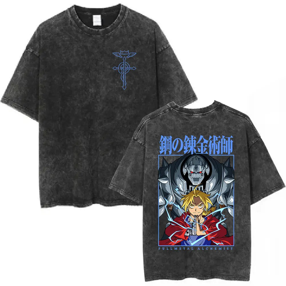 Anime Fullmetal Alchemist Washed T Shirts Edward Elric Alphonse Elric T-Shirt Men's Women Fashion Casual Oversized T-shirts Tops