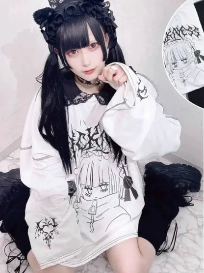 Harajuku Kawaii T-Shirt Women Sweet Japanese Gothic Subculture Loose Letter School Student Tees Long Sleeve Top Spring Outwear