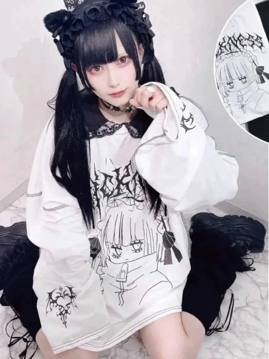 Harajuku Kawaii T-Shirt Women Sweet Japanese Gothic Subculture Loose Letter School Student Tees Long Sleeve Top Spring Outwear