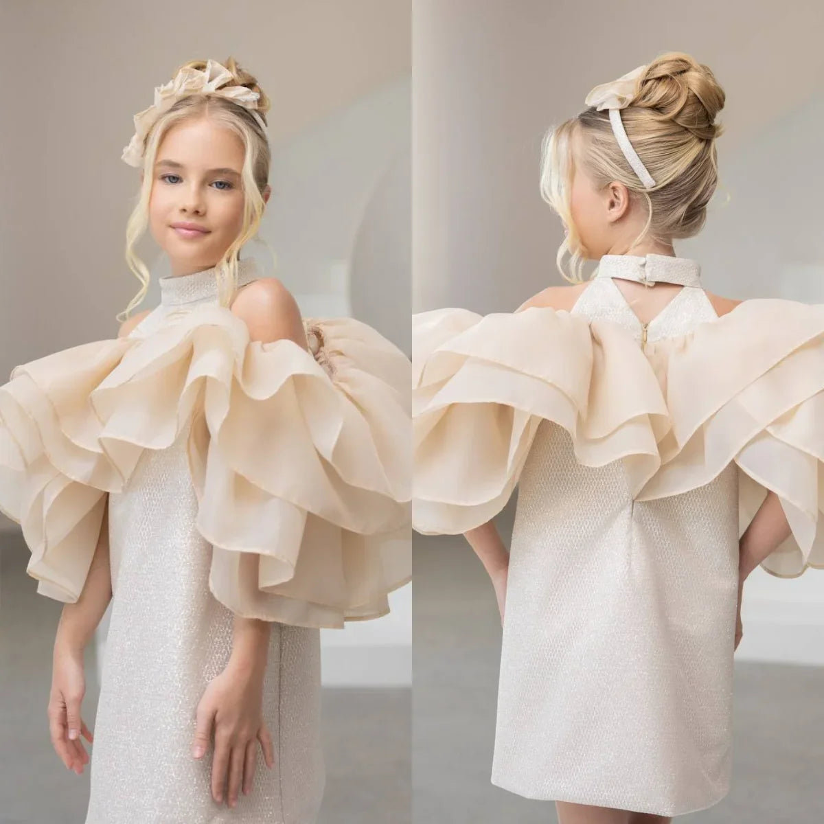 Beige Flower Girl Dresses for Wedding Toddler Girl's Birthday Gowns Customized High Neck Baby Pageant Outfit Dress