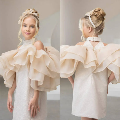 Beige Flower Girl Dresses for Wedding Toddler Girl's Birthday Gowns Customized High Neck Baby Pageant Outfit Dress