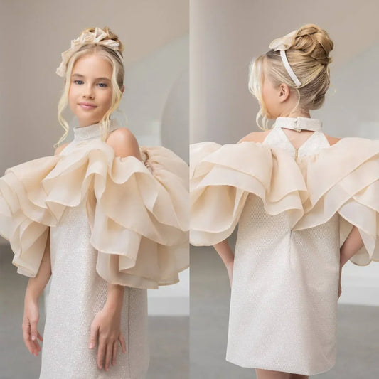 Beige Flower Girl Dresses for Wedding Toddler Girl's Birthday Gowns Customized High Neck Baby Pageant Outfit Dress