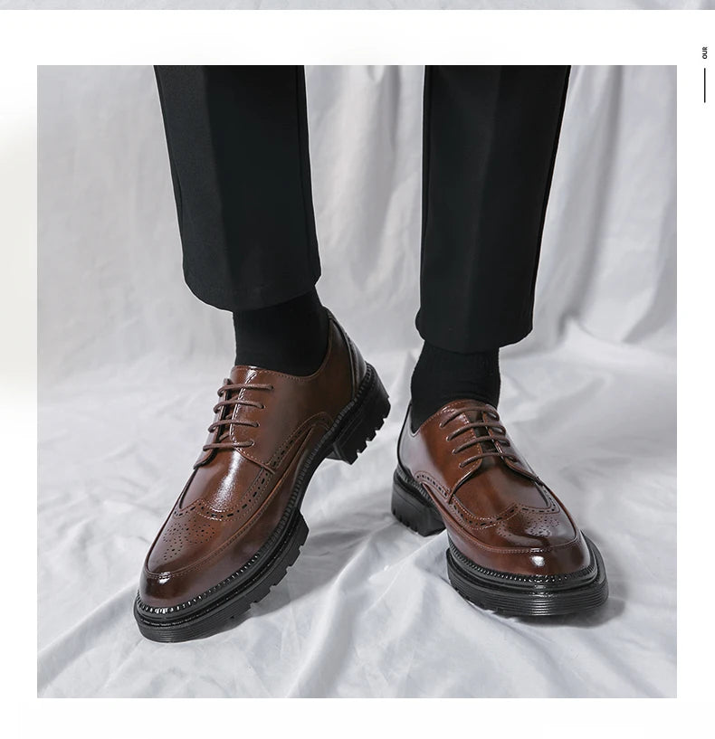 New leather shoes for young men British Brock formal business increase casual black wedding groom lace-up men's shoes