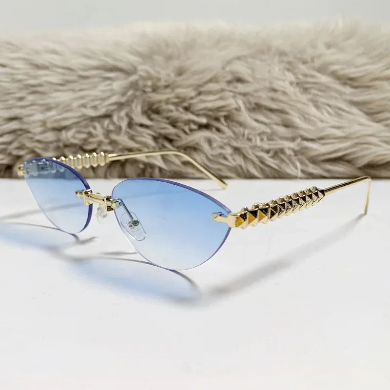 2026 Cat Eye Rivet Rimless Sunglasses Women Luxury Fashion Brand Oval Narrow Sun Glasses Shades Trendy Elegant Unique Eyewear