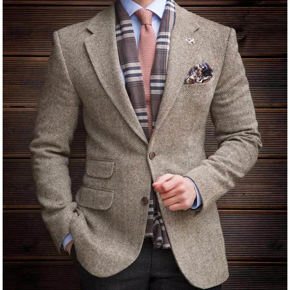 High Quality Men's Vintage Herringbone Tweed Blazer Wool Blend Single Breasted Lightweight Casual Sport Coat Formal Jacket