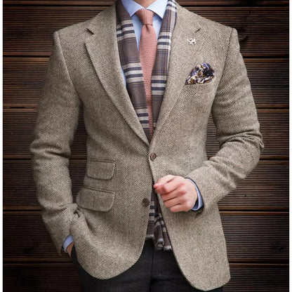 High Quality Men's Vintage Herringbone Tweed Blazer Wool Blend Single Breasted Lightweight Casual Sport Coat Formal Jacket